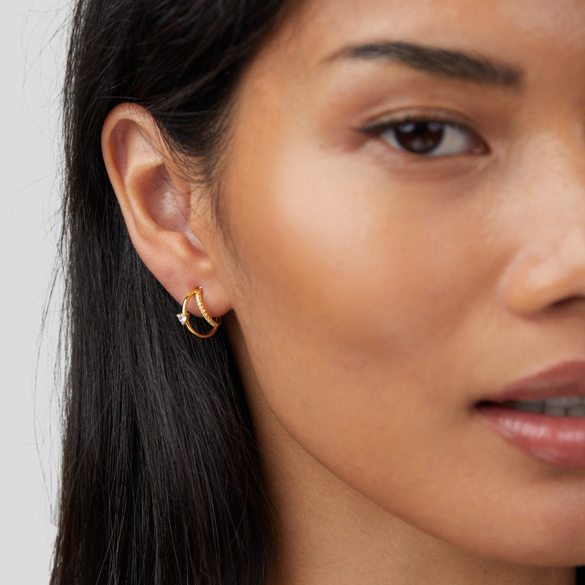 Double-Layered Crystal Hoop Earrings in Gold-Tone