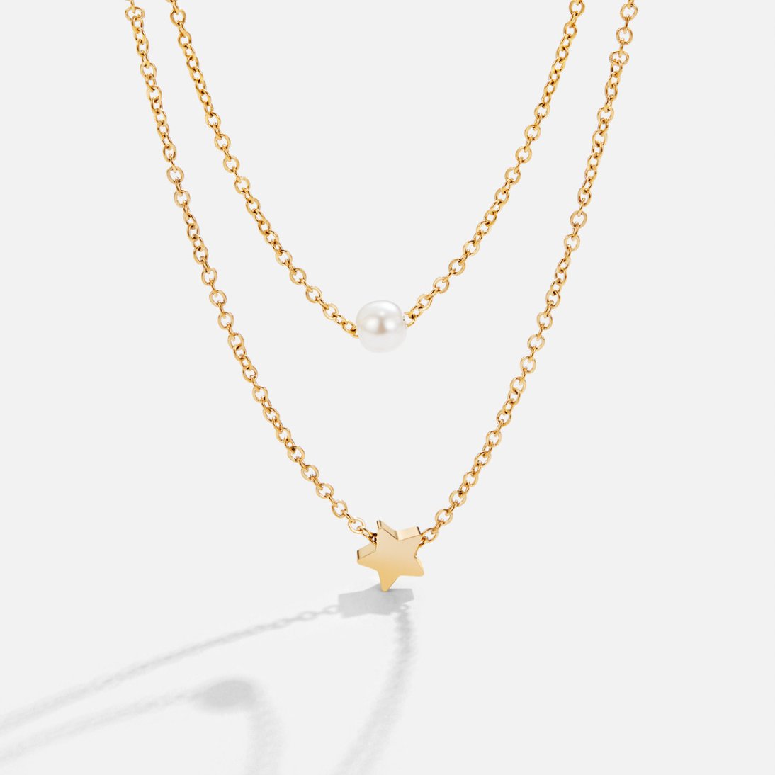 Gold-Tone Star and Pearl Two Row Necklace