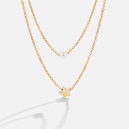 Gold-Tone Star and Pearl Two Row Necklace