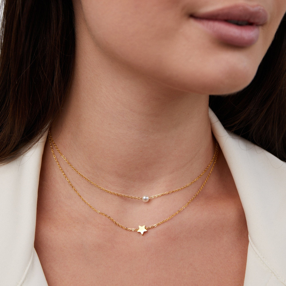 Gold-Tone Star and Pearl Two Row Necklace
