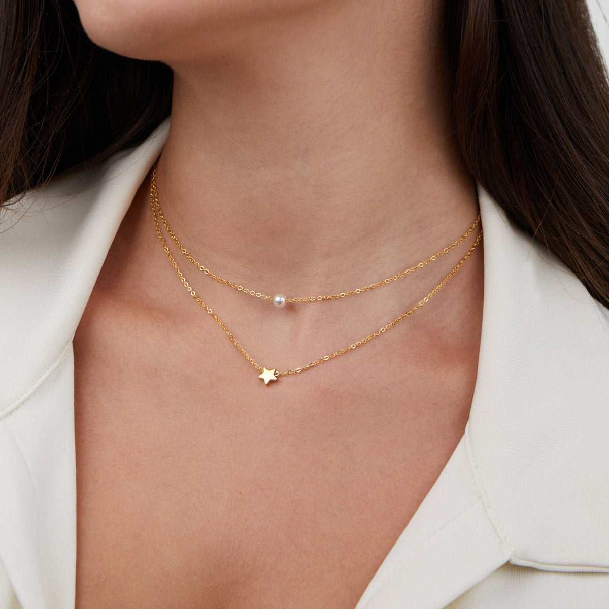 Gold-Tone Star and Pearl Two Row Necklace