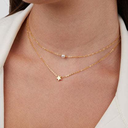Gold-Tone Star and Pearl Two Row Necklace