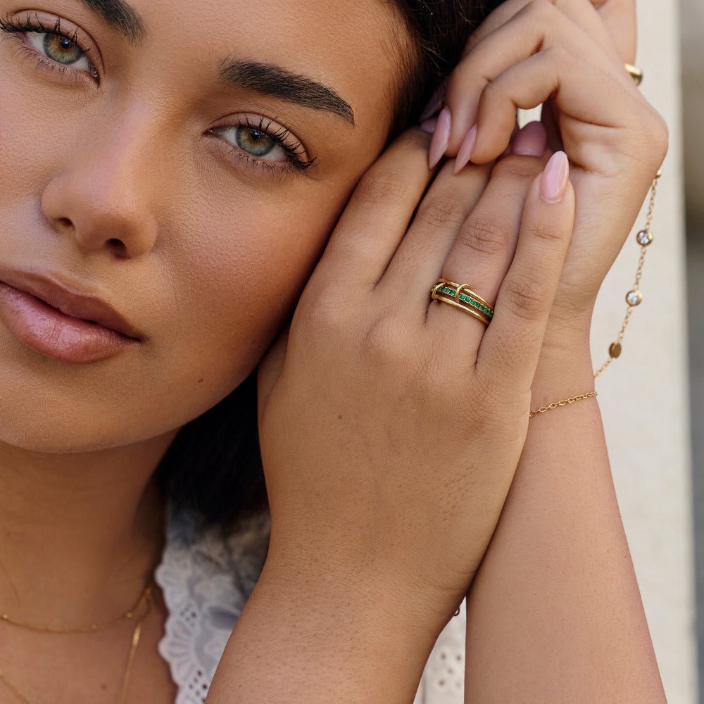 Kaili Stacked Band Ring with Green Crystals
