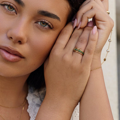 Kaili Stacked Band Ring with Green Crystals