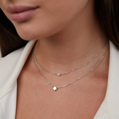 Star and Pearl Two-Strand Silver-Tone Necklace