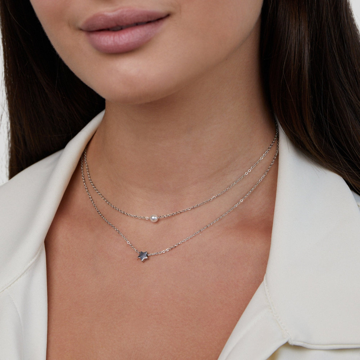 Star and Pearl Two-Strand Silver-Tone Necklace