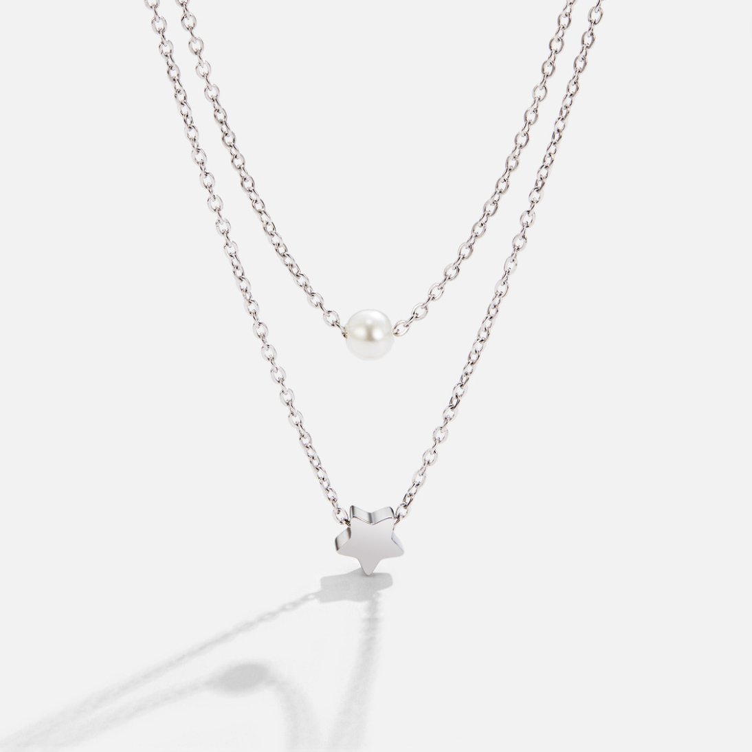 Star and Pearl Two-Strand Silver-Tone Necklace