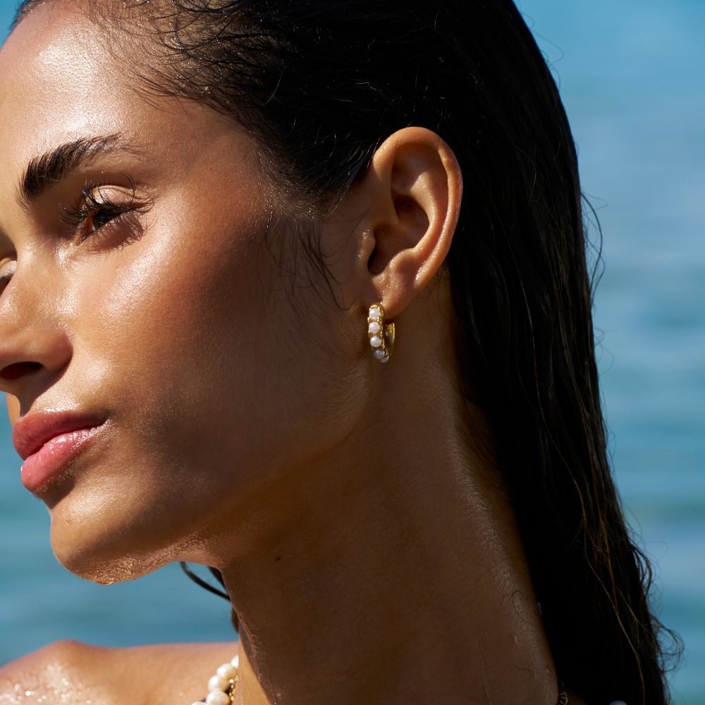 Lena Pearl Set Warm Gold-Tone Hoop Earrings