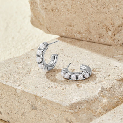 Lena Pearl Set Cool Silver-Tone Hoop Earrings