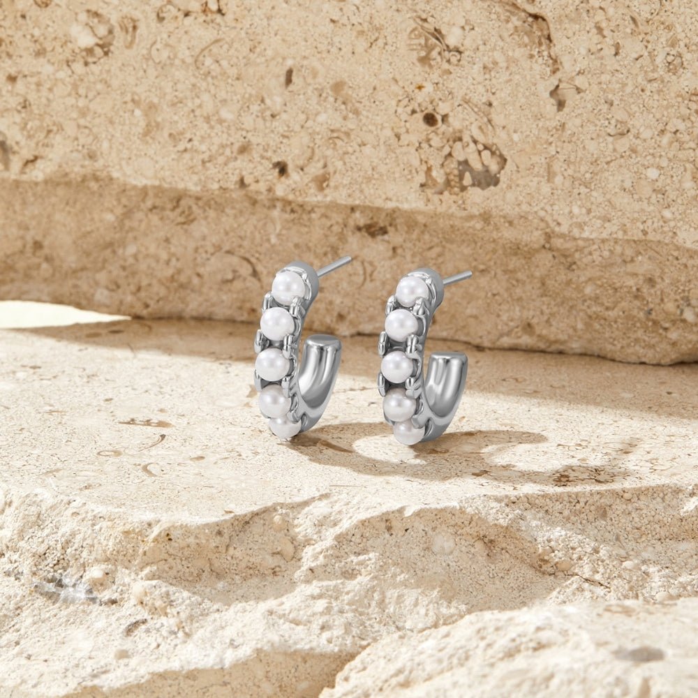 Lena Pearl Set Cool Silver-Tone Hoop Earrings