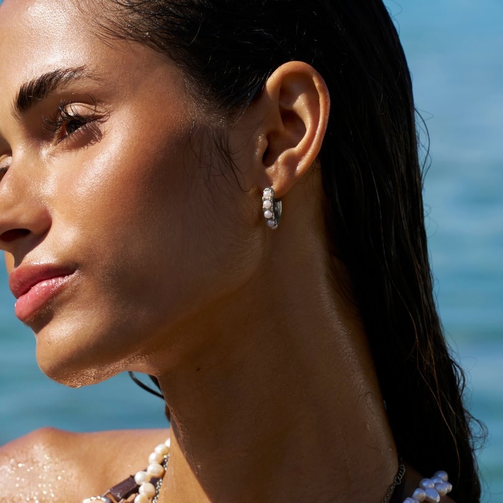 Lena Pearl Set Cool Silver-Tone Hoop Earrings