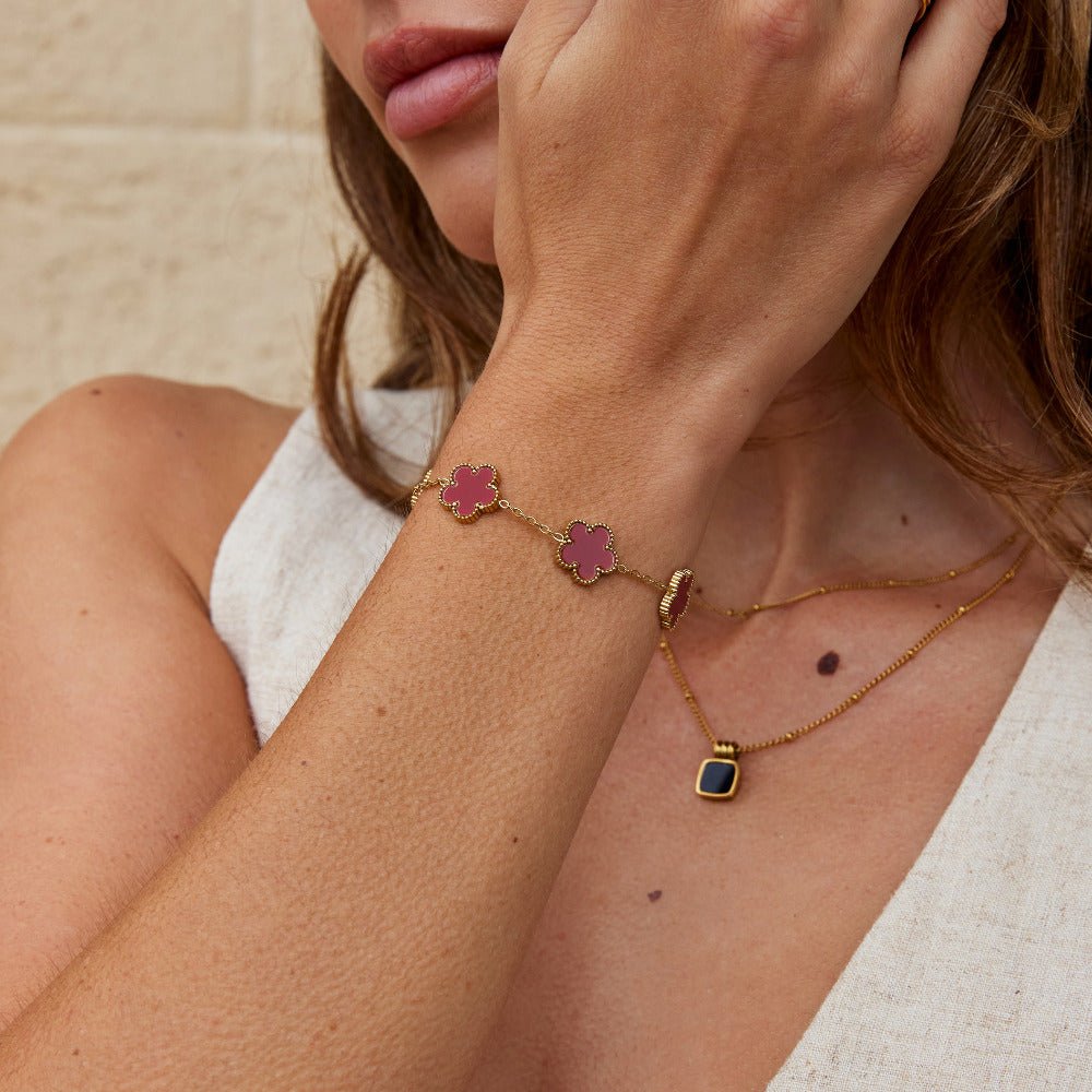 Small Red Clover Charm Fine Chain Bracelet