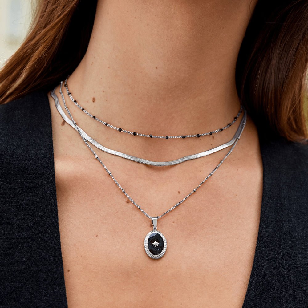 Mila Small Black Beads Silver-Tone Necklace