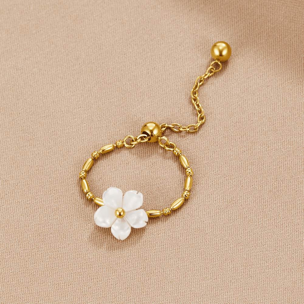 White Blossom Petal Ring with Pearl Centre