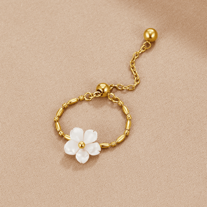 White Blossom Petal Ring with Pearl Centre