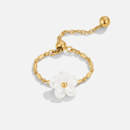 White Blossom Petal Ring with Pearl Centre