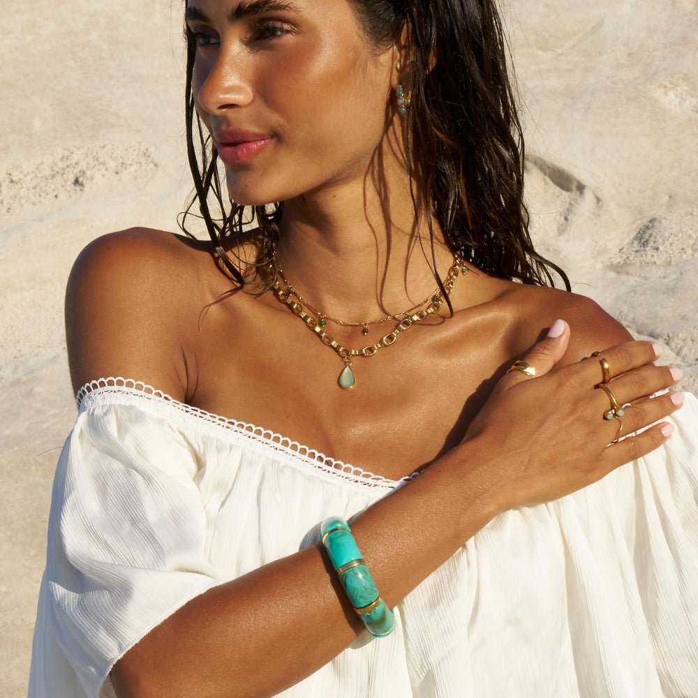 Priya Teal Bead Stretch Bracelet with Gold-Tone Accents
