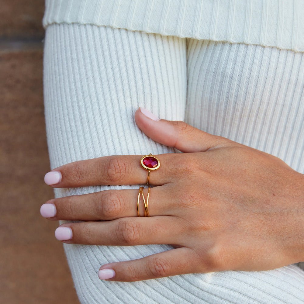Warm Ruby Red Crystal Gold-Tone Band Ring