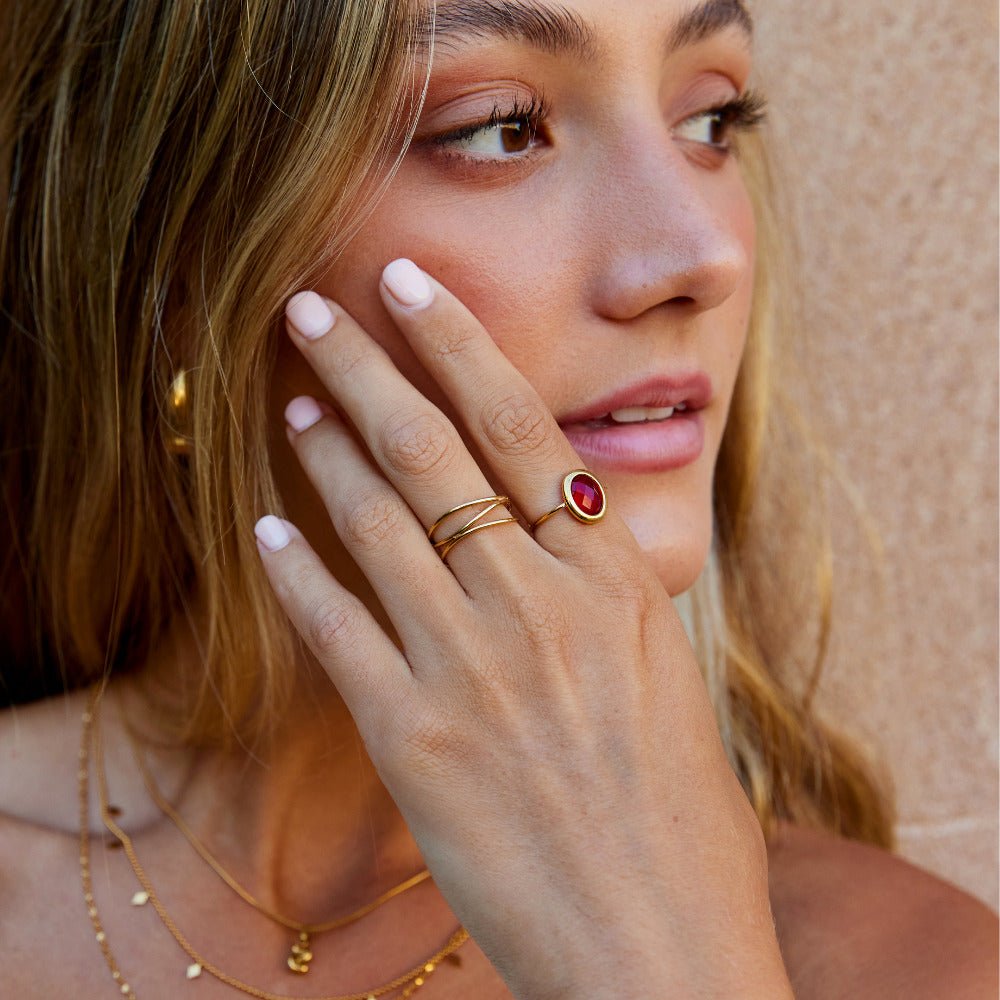 Warm Ruby Red Crystal Gold-Tone Band Ring