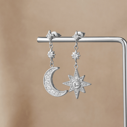 Crystal Moon and Star Silver-Tone Earrings