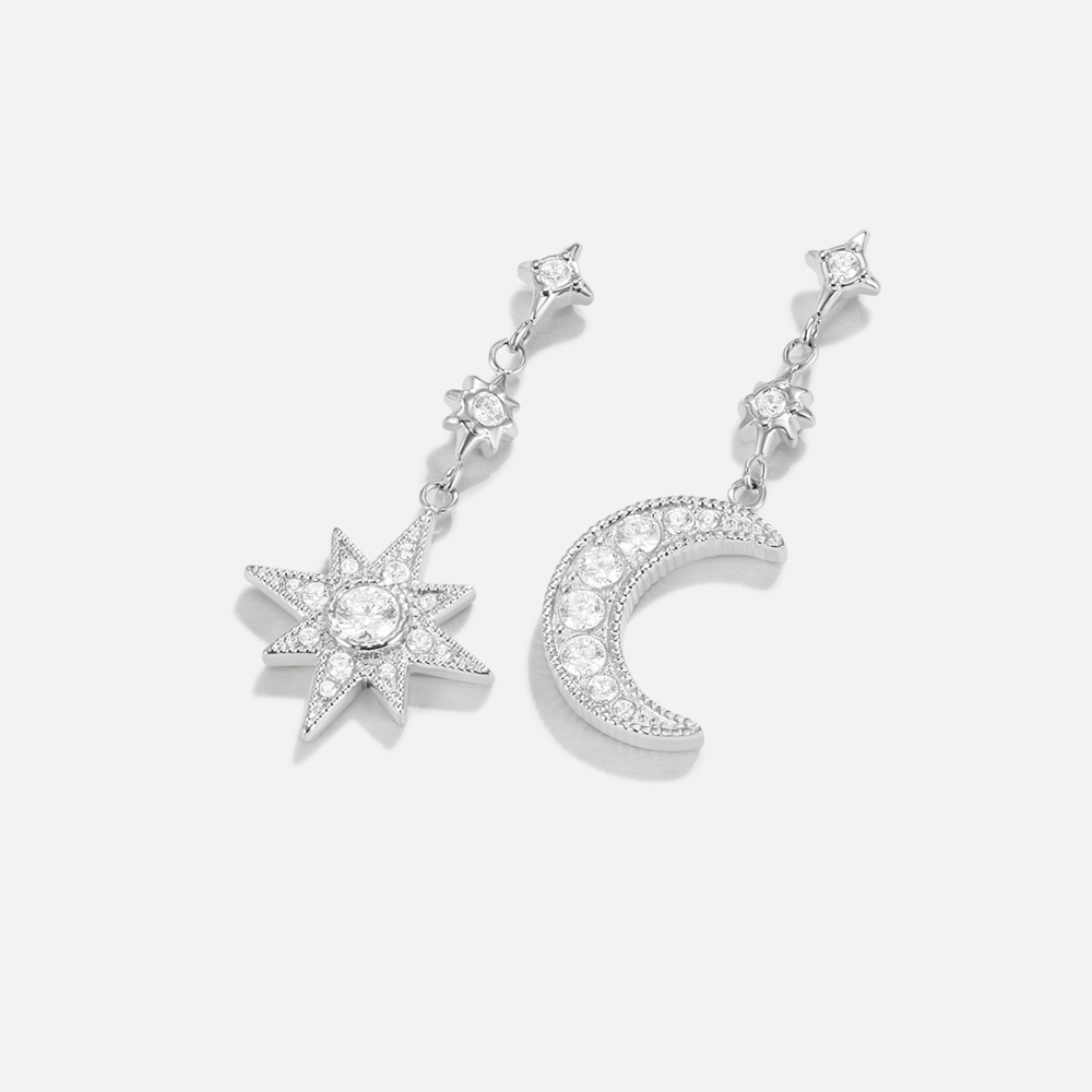 Crystal Moon and Star Silver-Tone Earrings