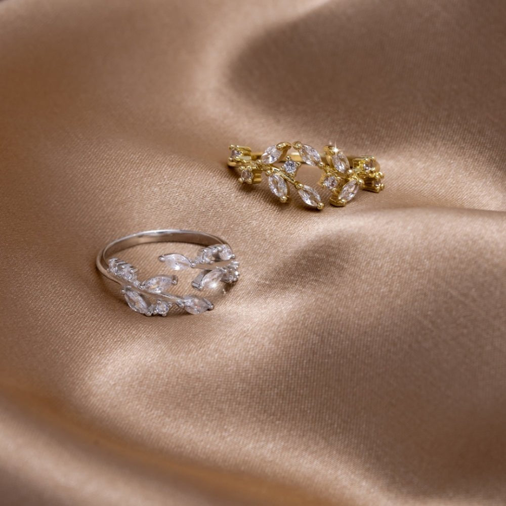 Slender Curling Vine Silver-Tone Crystal Ring