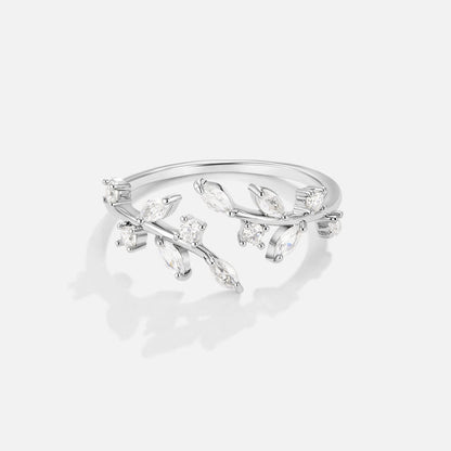 Slender Curling Vine Silver-Tone Crystal Ring