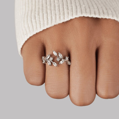 Slender Curling Vine Silver-Tone Crystal Ring