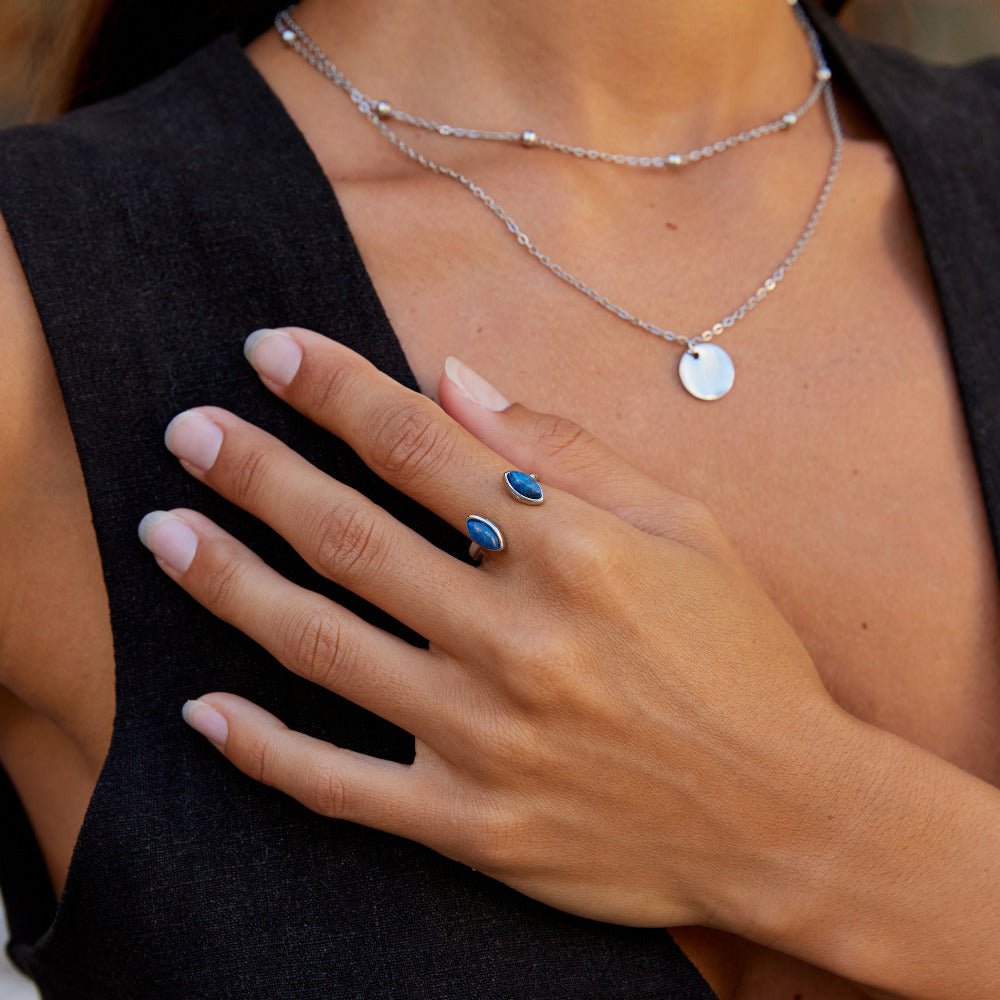 Deep Blue Silver-Tone Open Wrap Band Ring