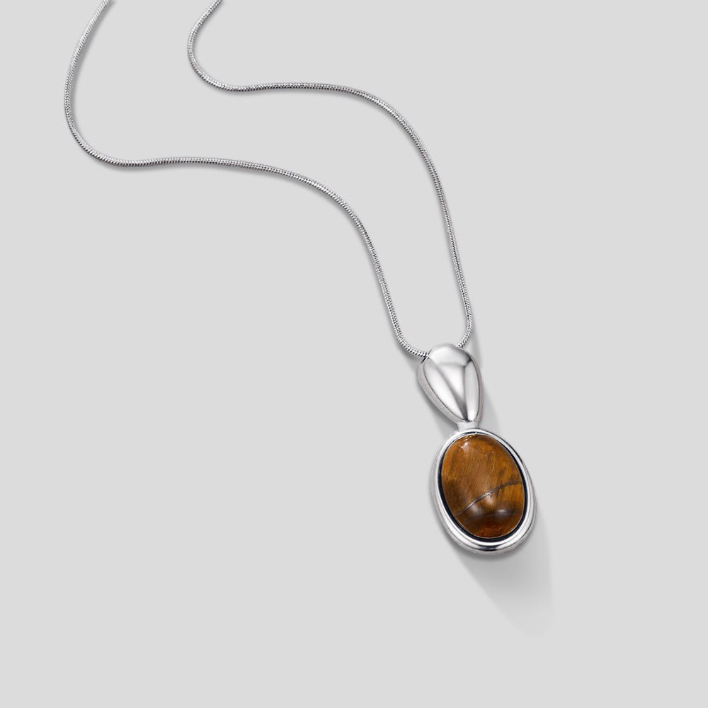 Warm Brown Stone Long Silver-Tone Necklace