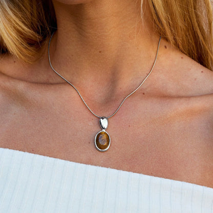 Warm Brown Stone Long Silver-Tone Necklace