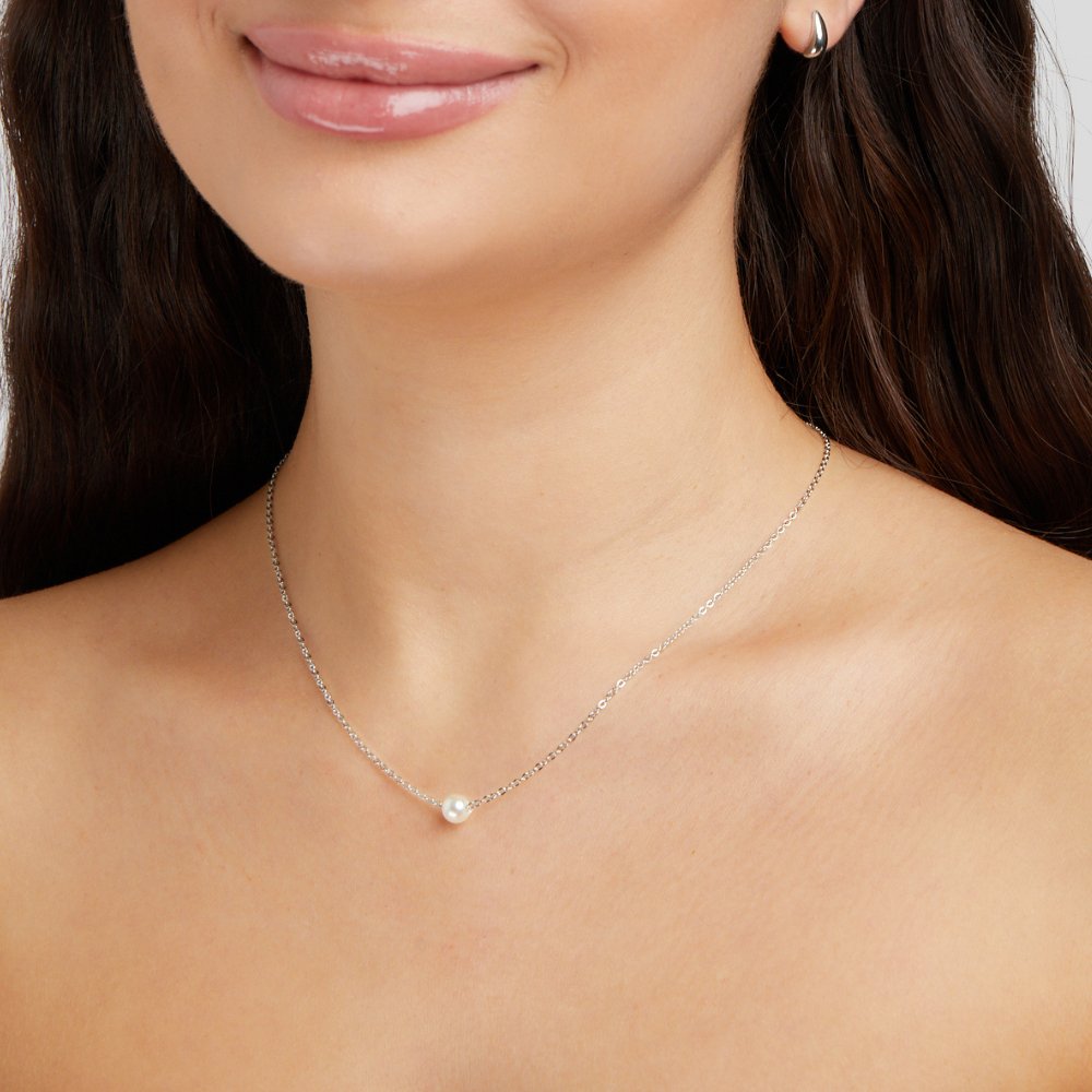 Single Pearl Drop Silver-Tone Chain Necklace