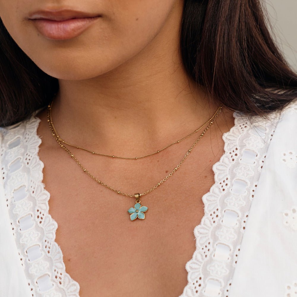 Turquoise Blue Sakura Flower Gold-Tone Necklace