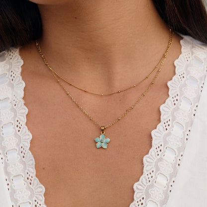 Turquoise Blue Sakura Flower Gold-Tone Necklace