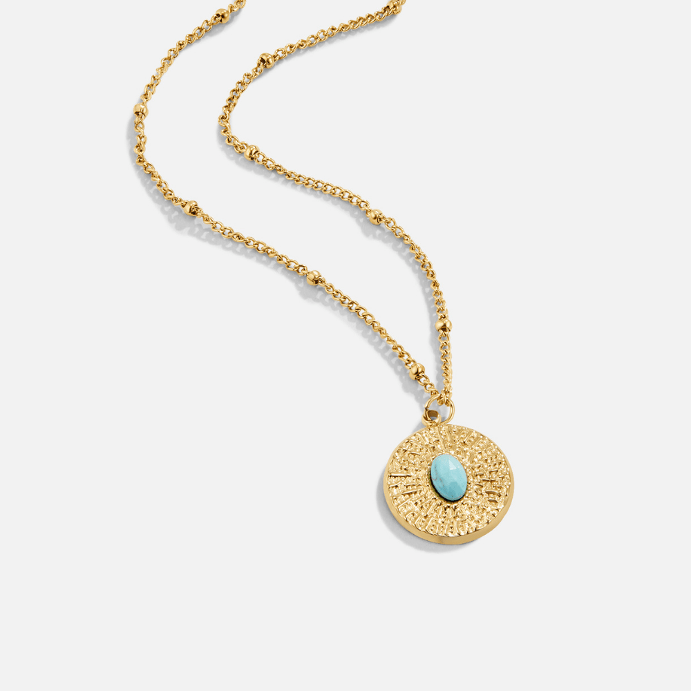 Turquoise Blue Stone-Look Coin Necklace