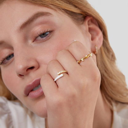 Rippled Gold-Tone Pearl Bead Slim Band Ring