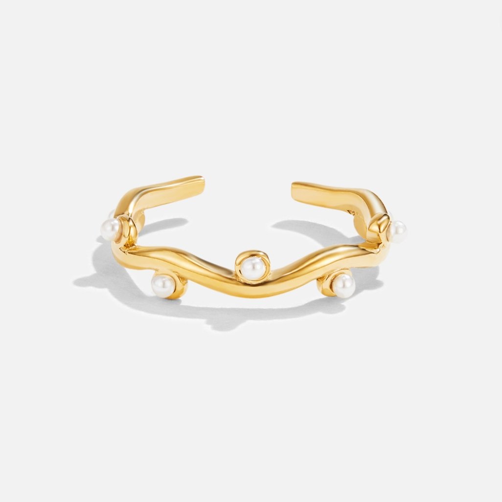 Rippled Gold-Tone Pearl Bead Slim Band Ring