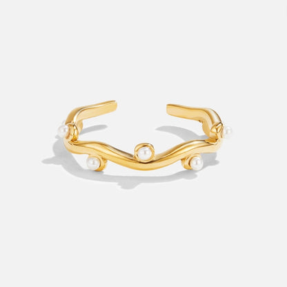 Rippled Gold-Tone Pearl Bead Slim Band Ring