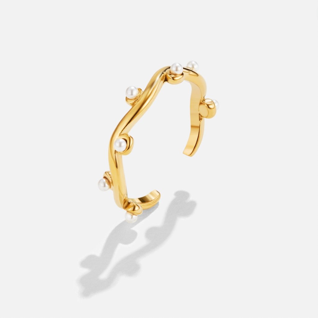 Rippled Gold-Tone Pearl Bead Slim Band Ring