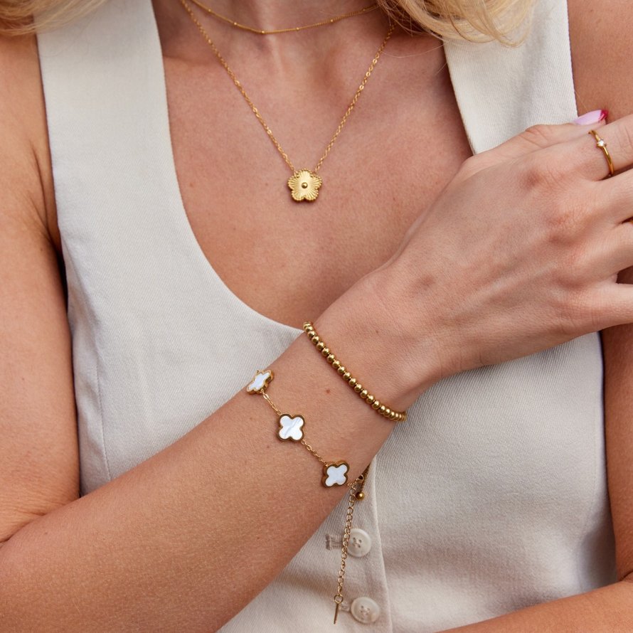 Row of White Clover Charms Chain Bracelet