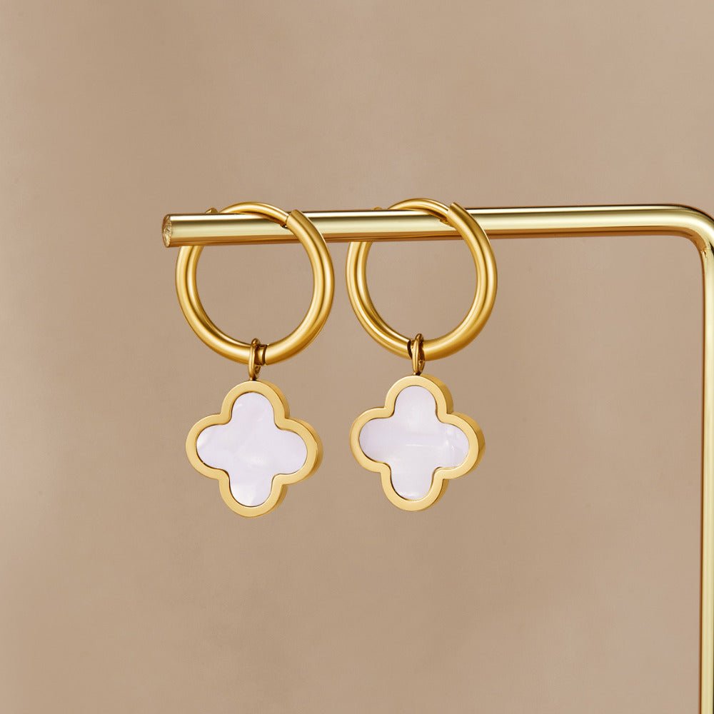 Soft White Clover Charm Slim Hoop Earrings