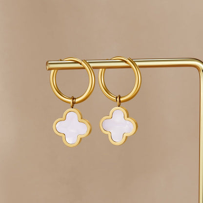 Soft White Clover Charm Slim Hoop Earrings