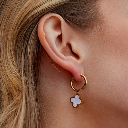 Soft White Clover Charm Slim Hoop Earrings
