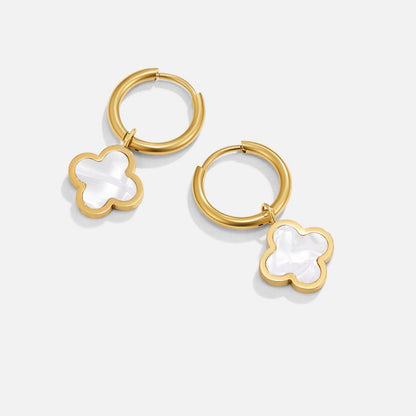 Soft White Clover Charm Slim Hoop Earrings