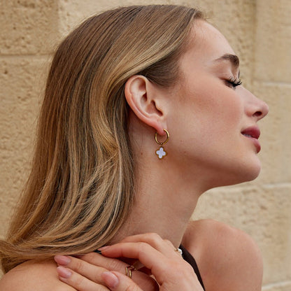 Soft White Clover Charm Slim Hoop Earrings