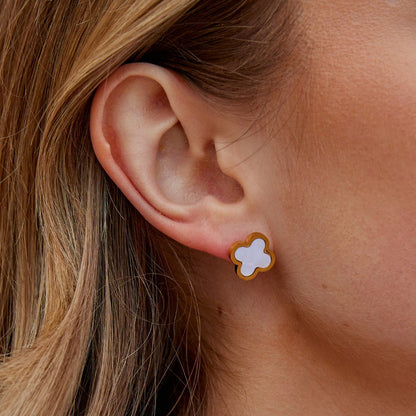 Small Chalk White Clover Leaf Stud Earrings