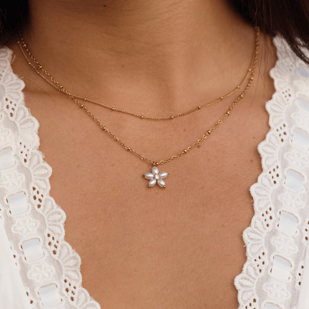 Small White Flower and Pearl Drop Necklace