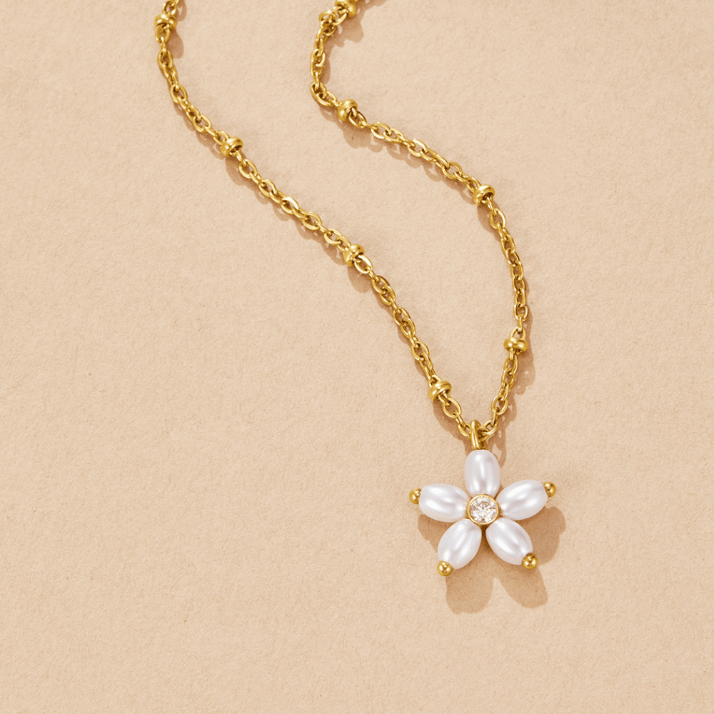 Small White Flower and Pearl Drop Necklace