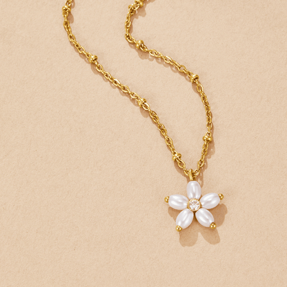 Small White Flower and Pearl Drop Necklace