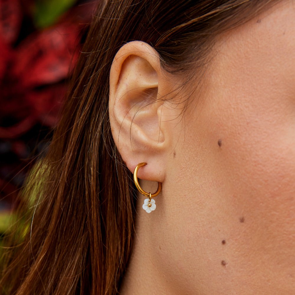 Hoop Earrings with White Petals and Shell Sheen